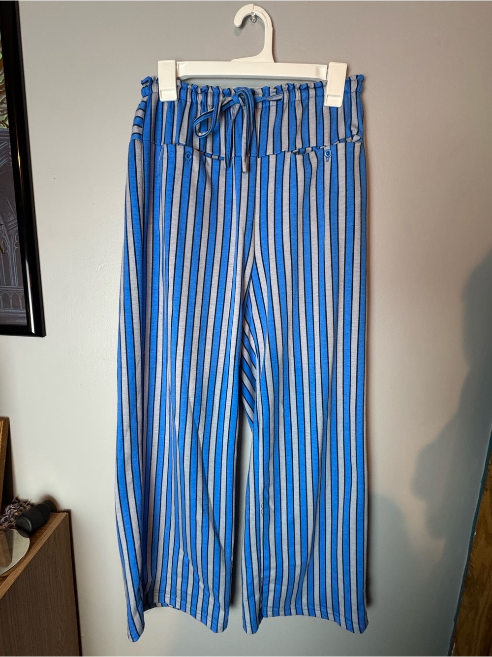 Blue and White Vertical Stripe Drawstring Pants